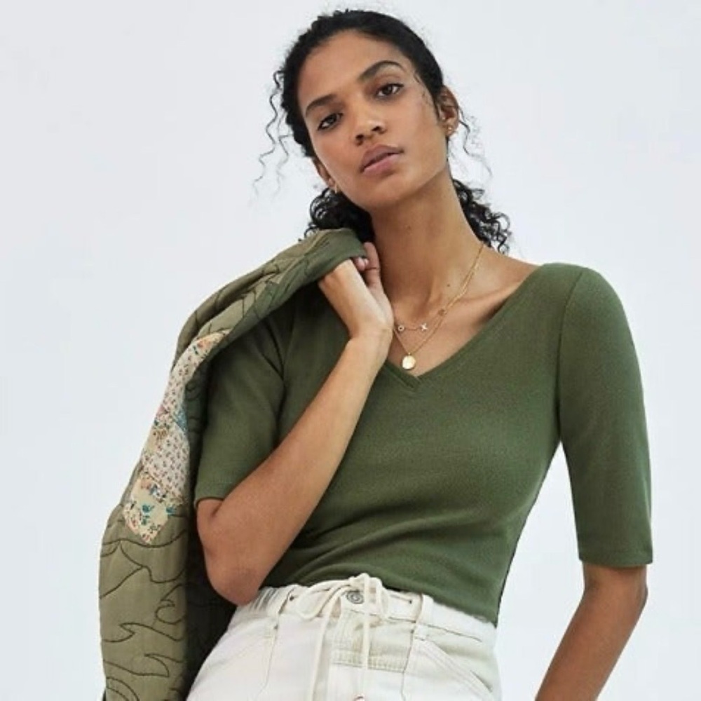 Anthropologie Nora Ribbed Top Moss Green NWT XL Short Sleeve Casual Comfy